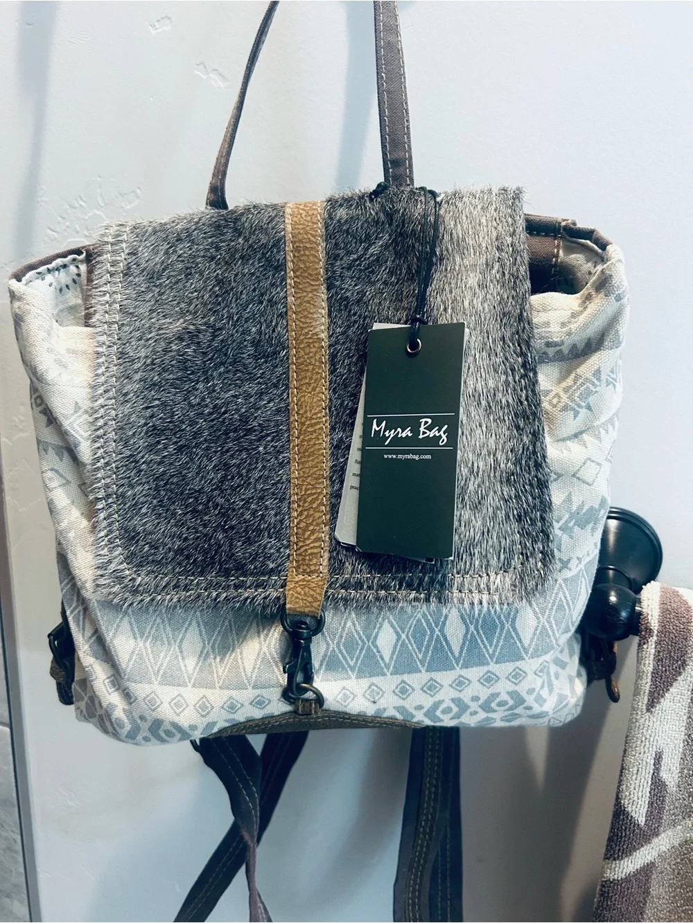 Myra Bag Gray and Cream Textured Flap Backpack